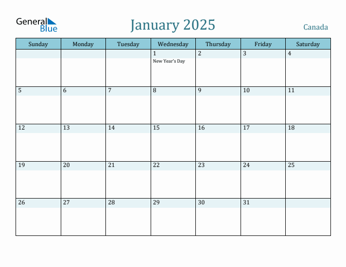 January 2025 Monthly Calendar With Canada Holidays