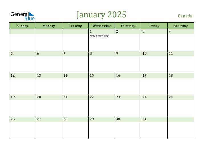 January 2025 Monthly Calendar With Canada Holidays