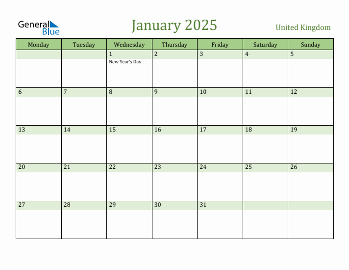January 2025 United Kingdom Monthly Calendar With Holidays