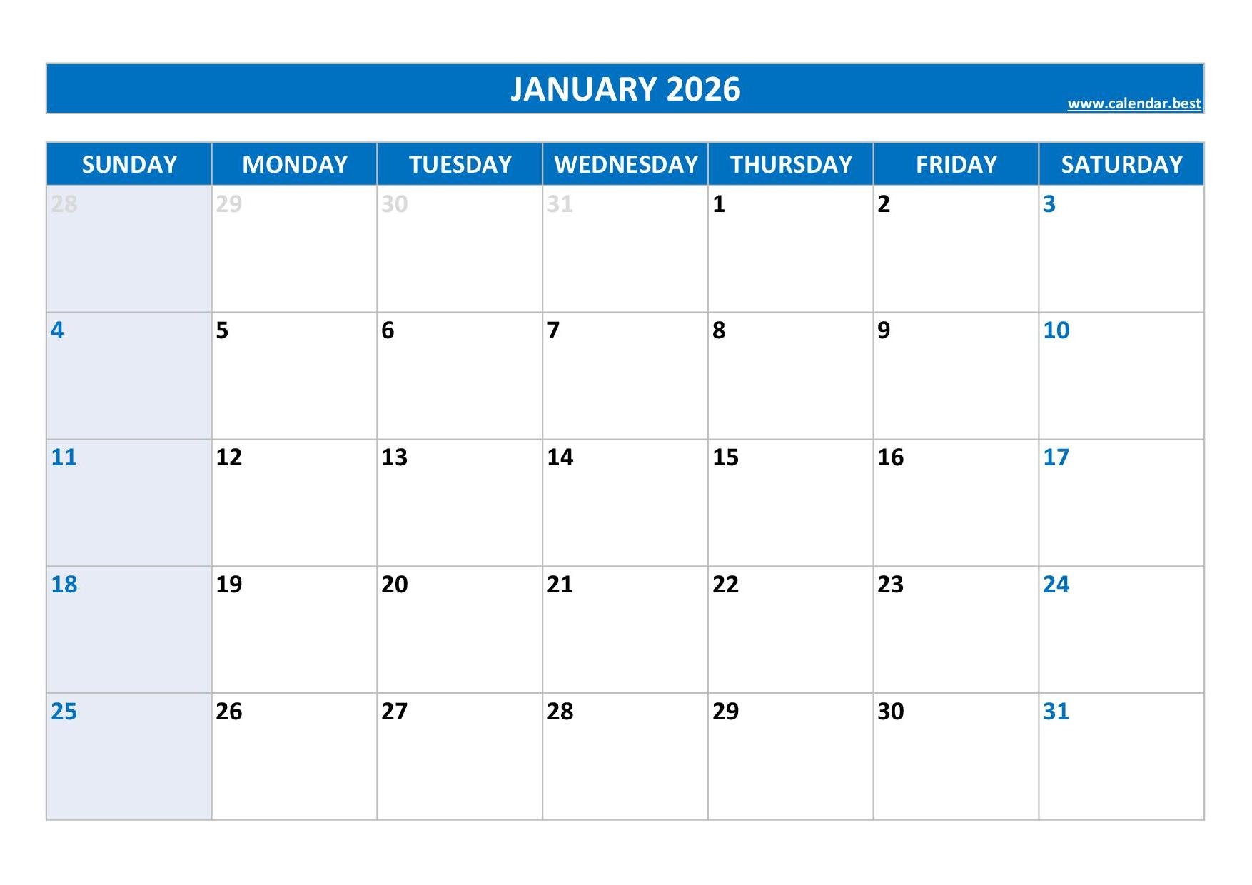 Printable 2026 January Calendar