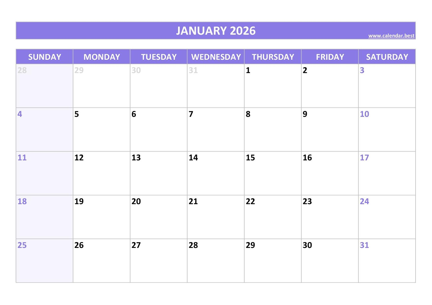 Free Printable A4 Calendar January 2026