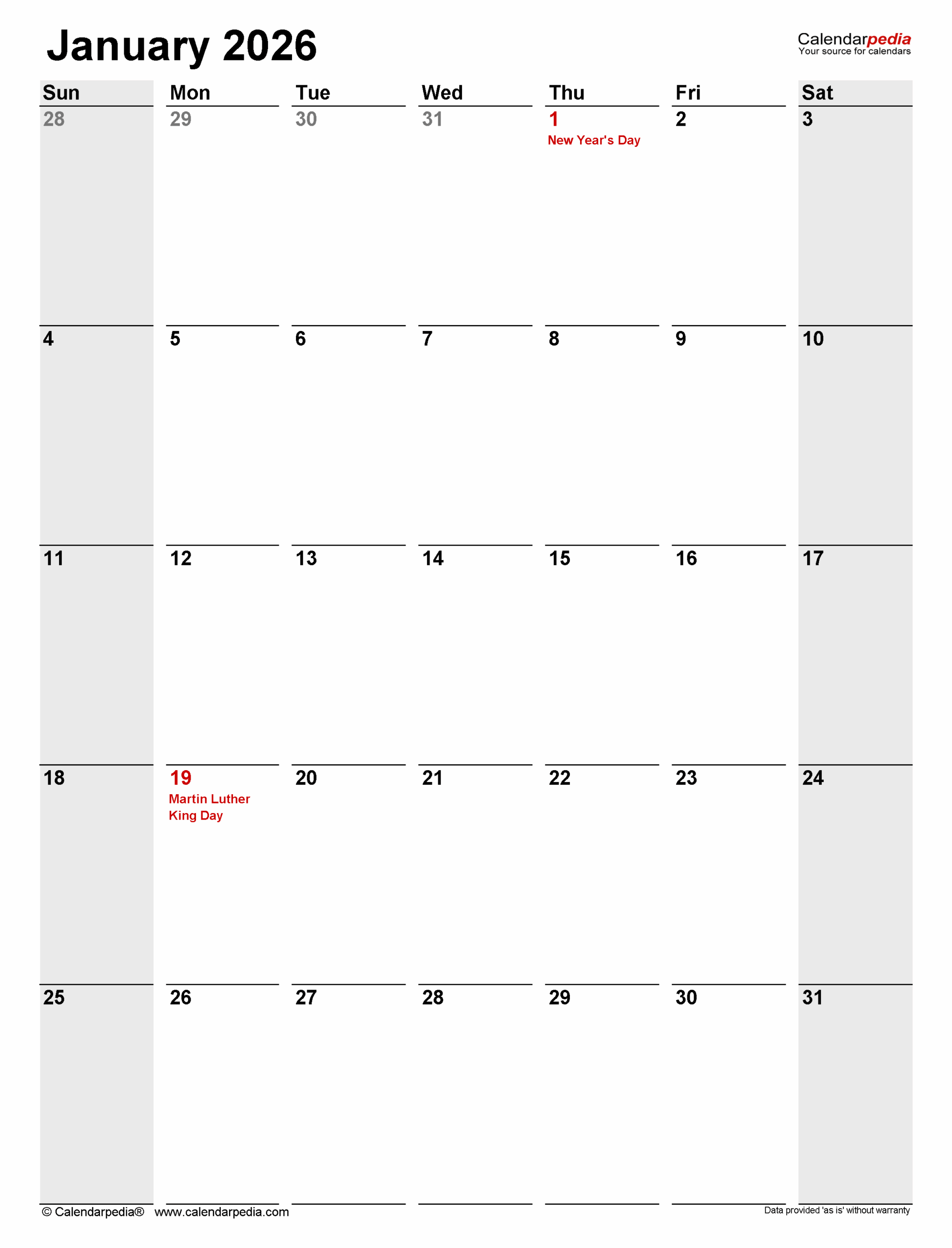 Free Printable Calendar 2026 January Vertical