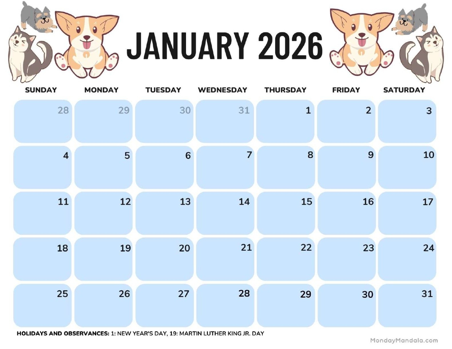 2026 January Calendar Printable