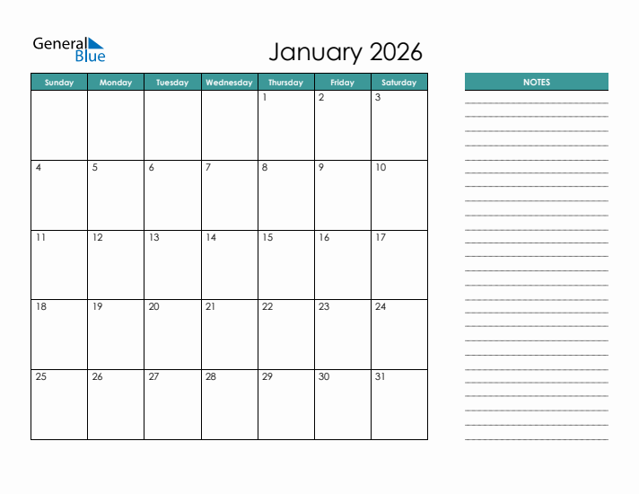 January 2026 Monthly Calendar PDF Word Excel 