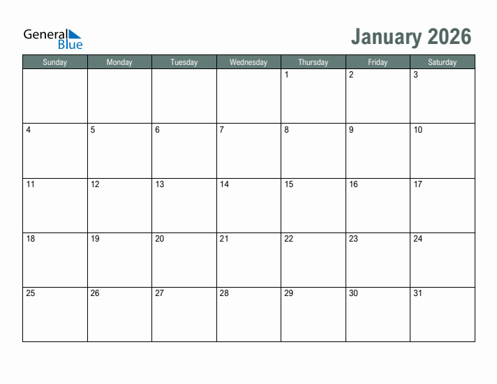 January 2026 Monthly Calendar PDF Word Excel 