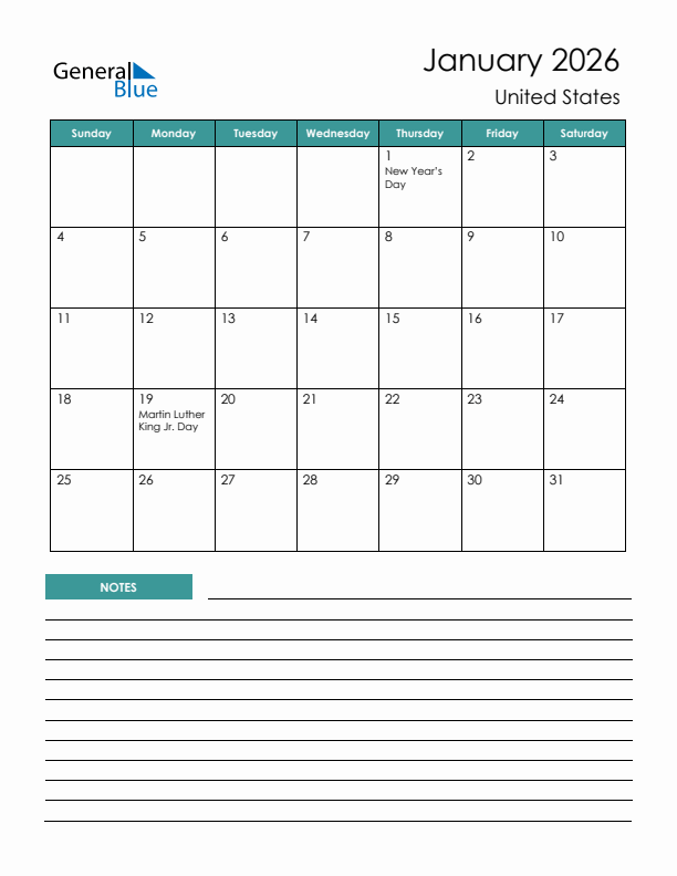 January 2026 Monthly Calendar With United States Holidays