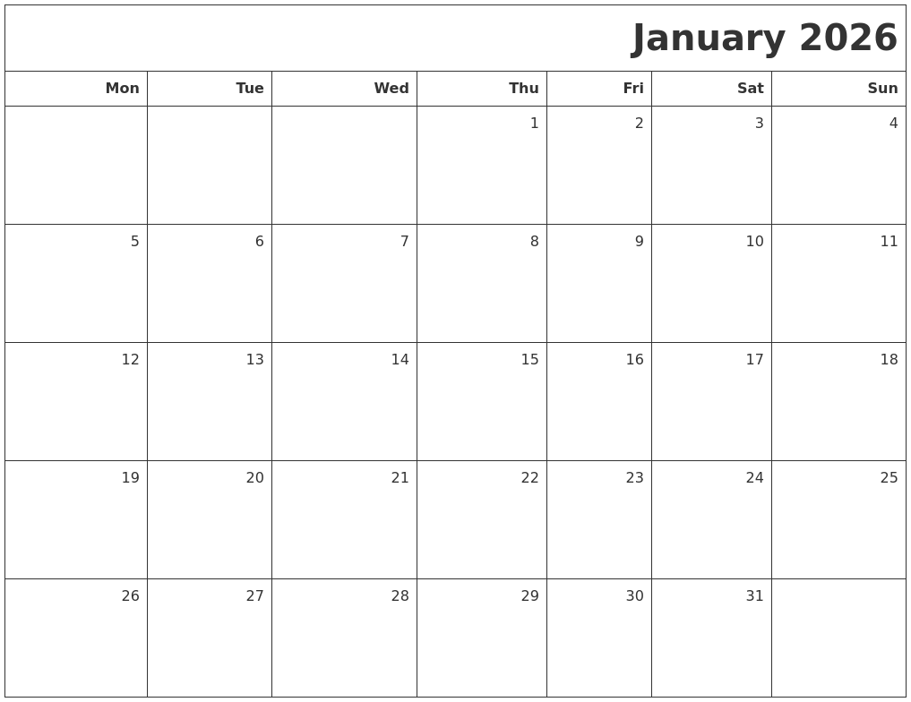January 2026 Printable Blank Calendar