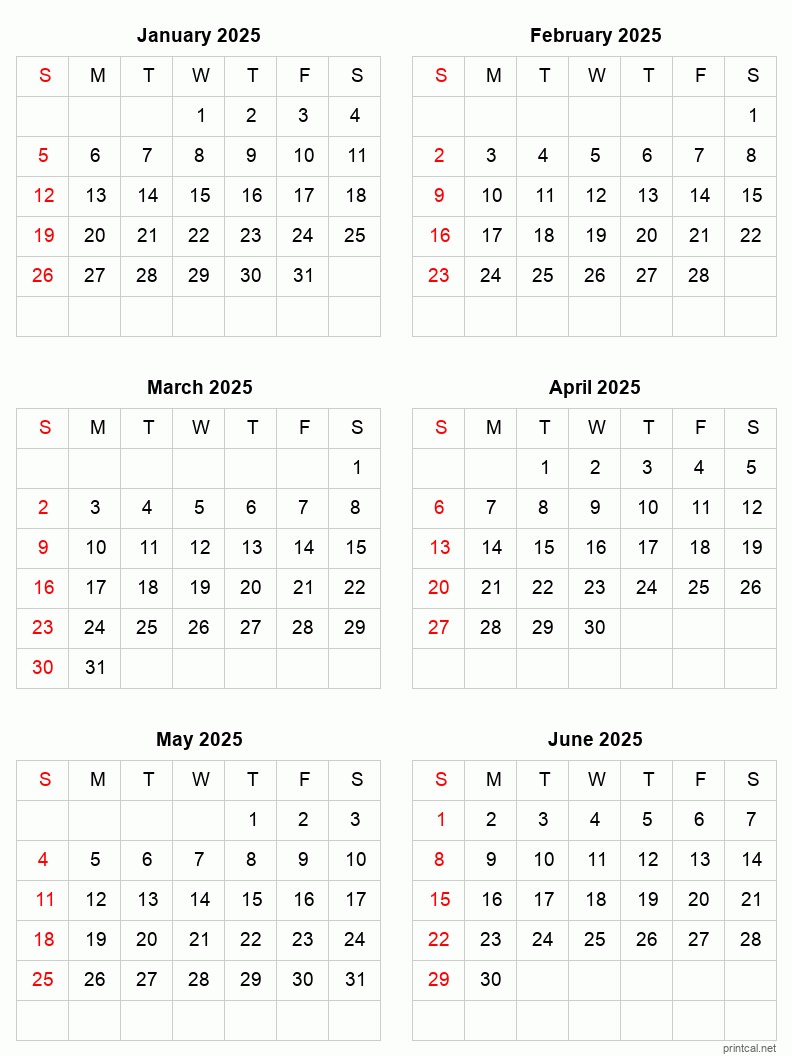 January To June 2025 Printable Calendar Six Months Per Page 
