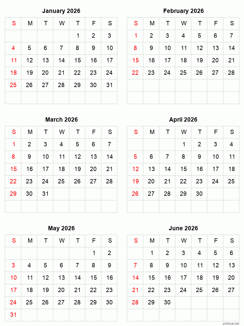 January To June 2026 Printable Calendar Six Months Per Page Printable Calendar