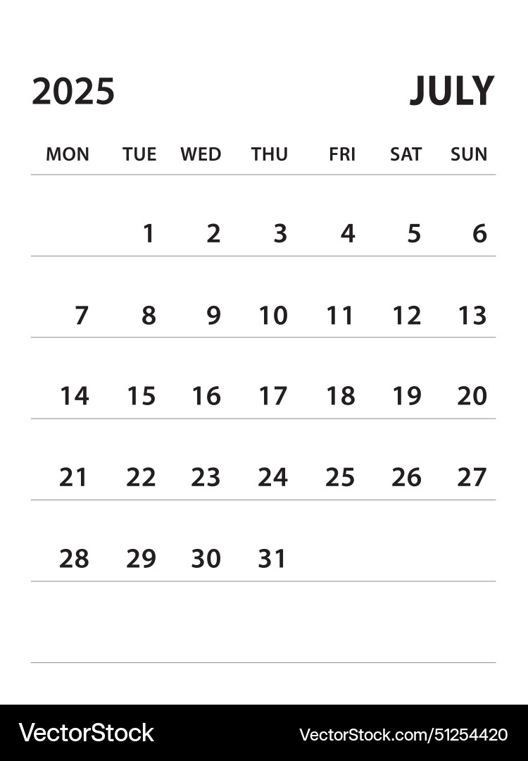 July 2025 calendar 2025 Template Royalty Free Vector Image