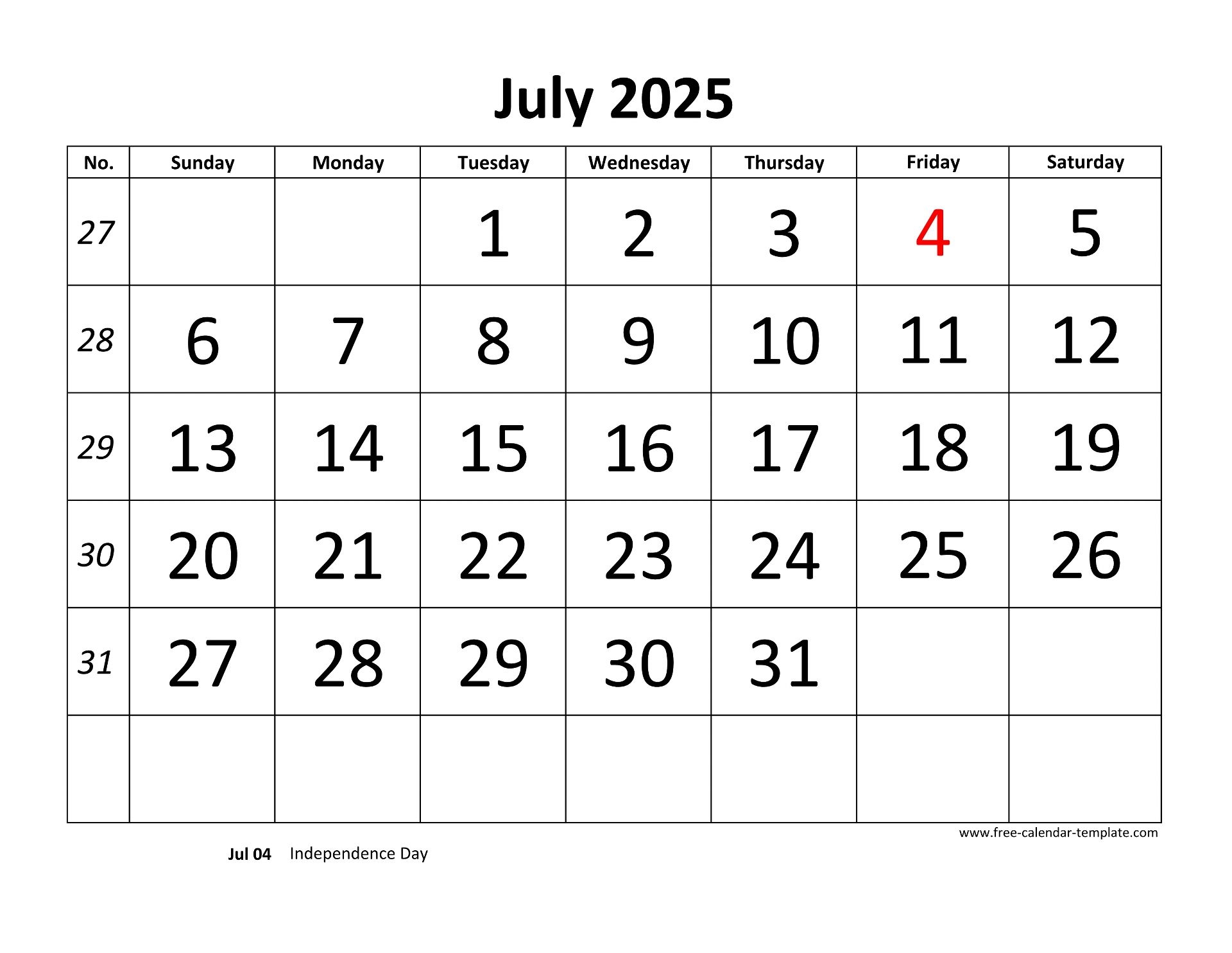 July 2025 Calendar Designed With Large Font horizontal Free 