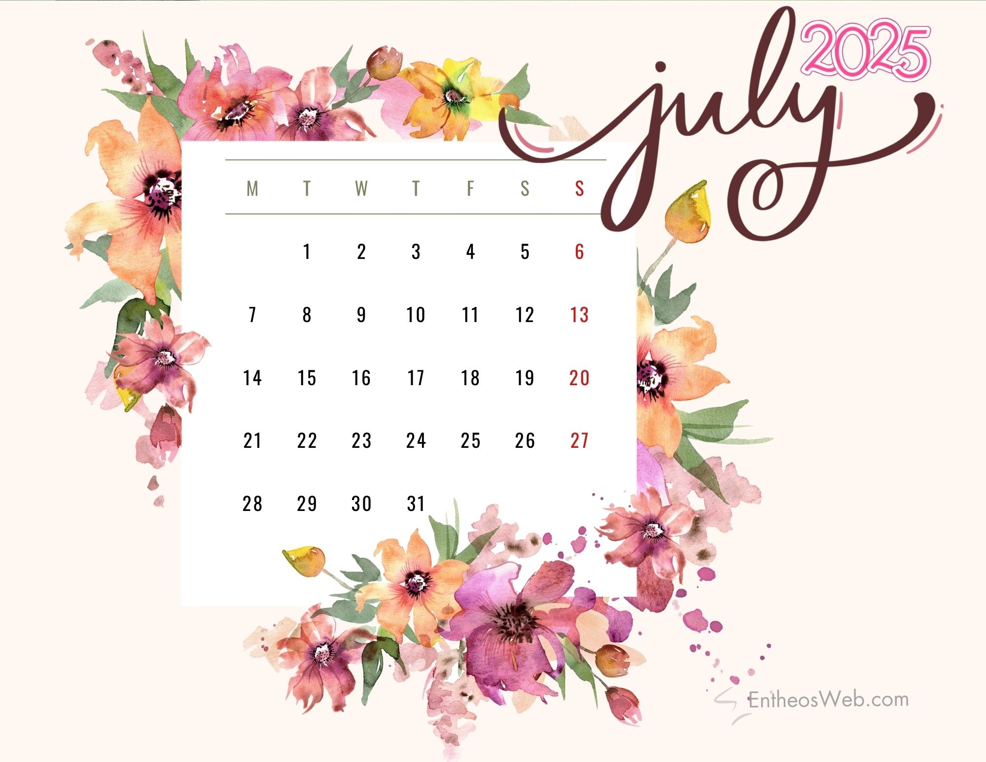 21 July 2025 Calendar Printable