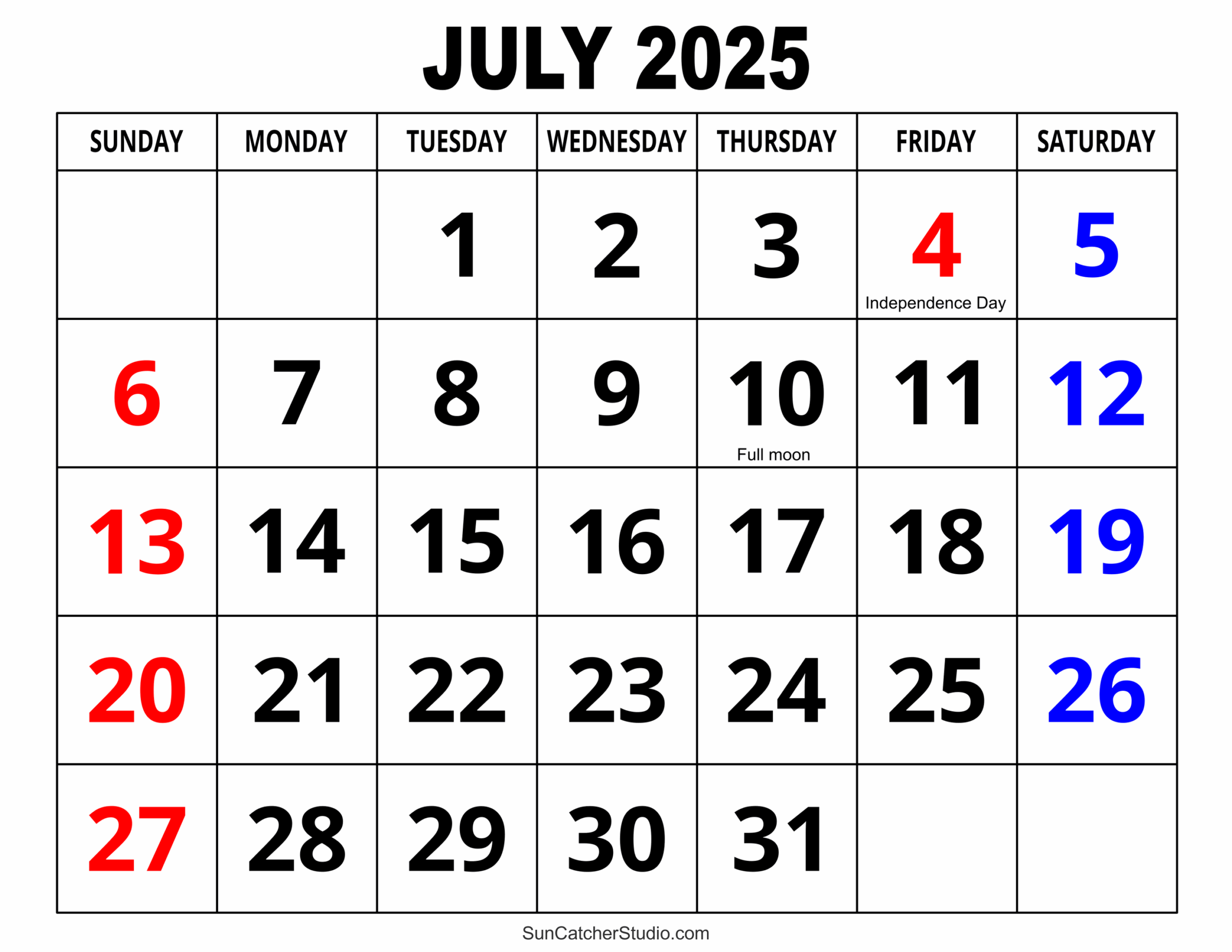 2025 Calendar July Month