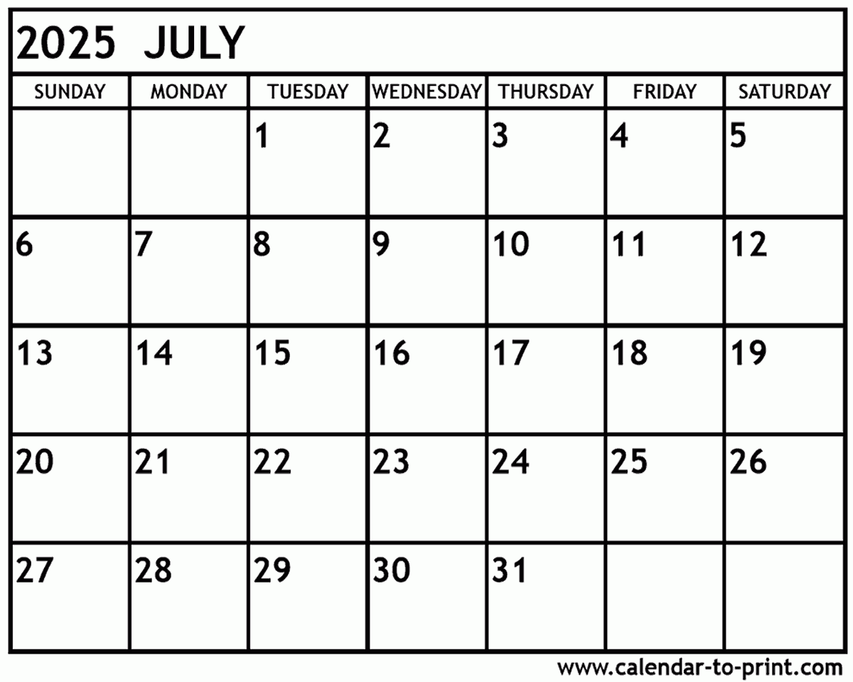 Month Of July Printable Calendar 2025