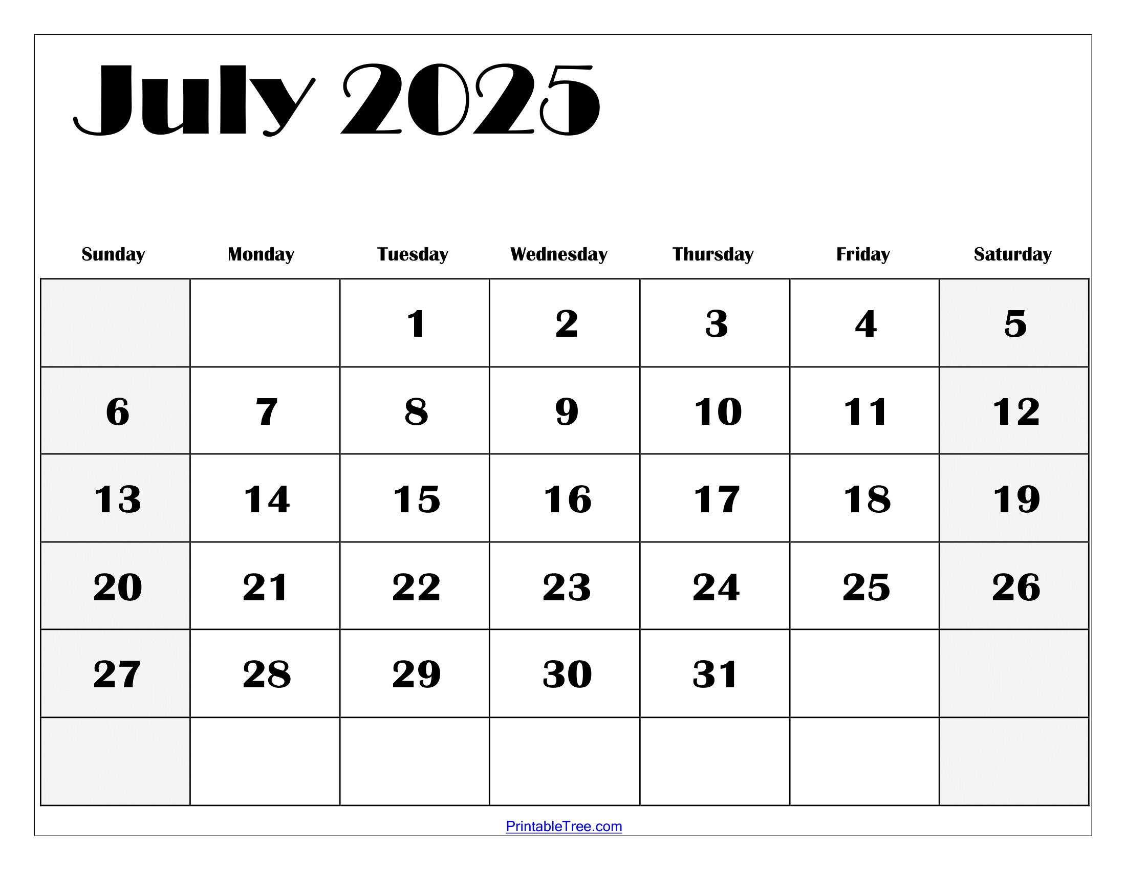 July Calendar Coloring Page 2025