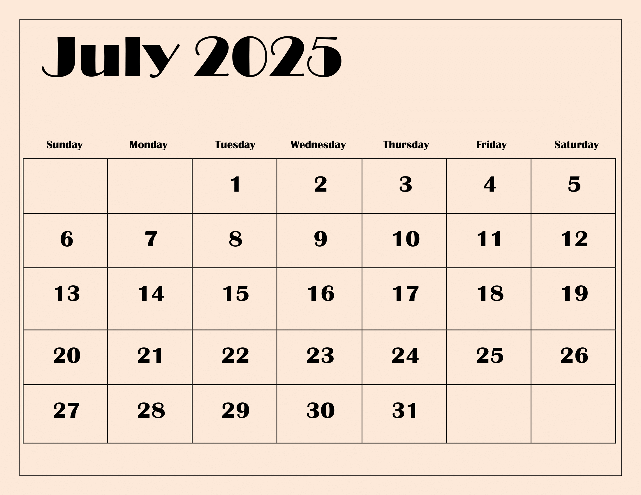 July Calendar 2025 Printable