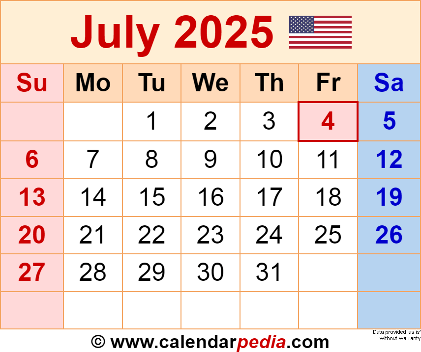 July 2025 Calendar Templates For PDF Excel And Word