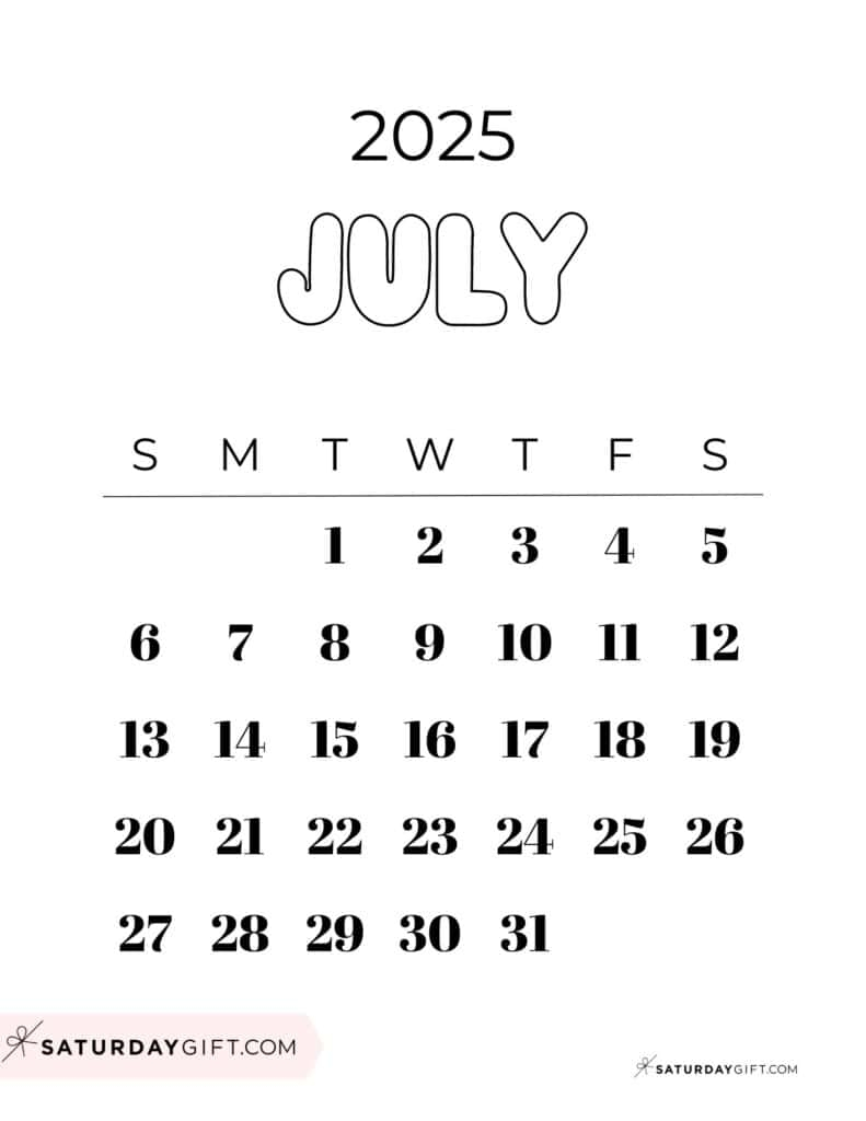 31 July 2025 Calendar Printable