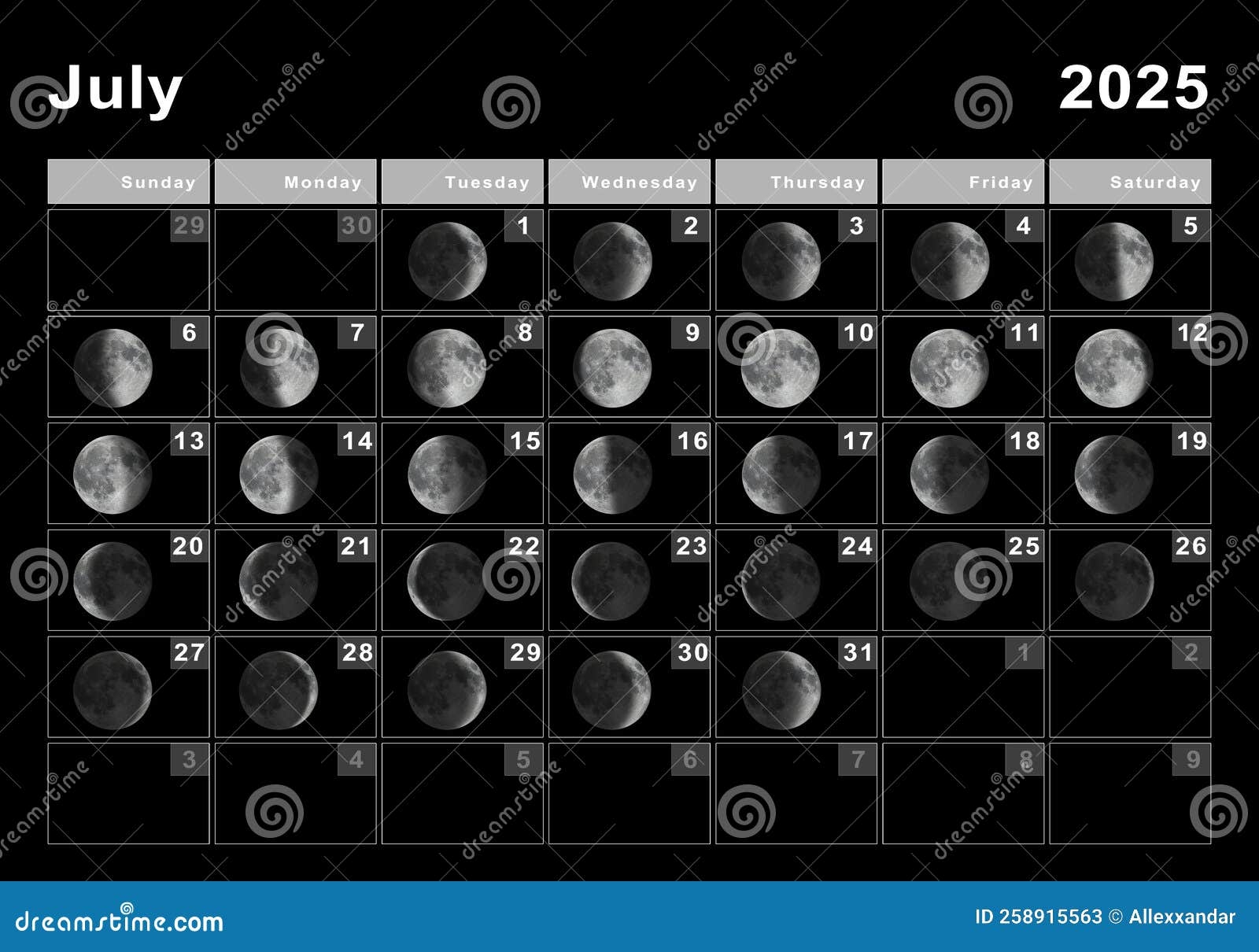 July 2025 Lunar Calendar Moon Cycles Stock Illustration 