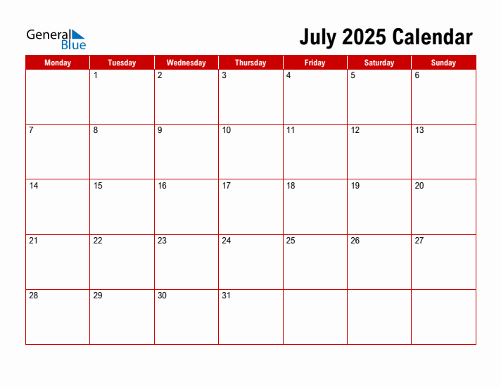 July 2025 Monday Start Calendar PDF Excel Word 