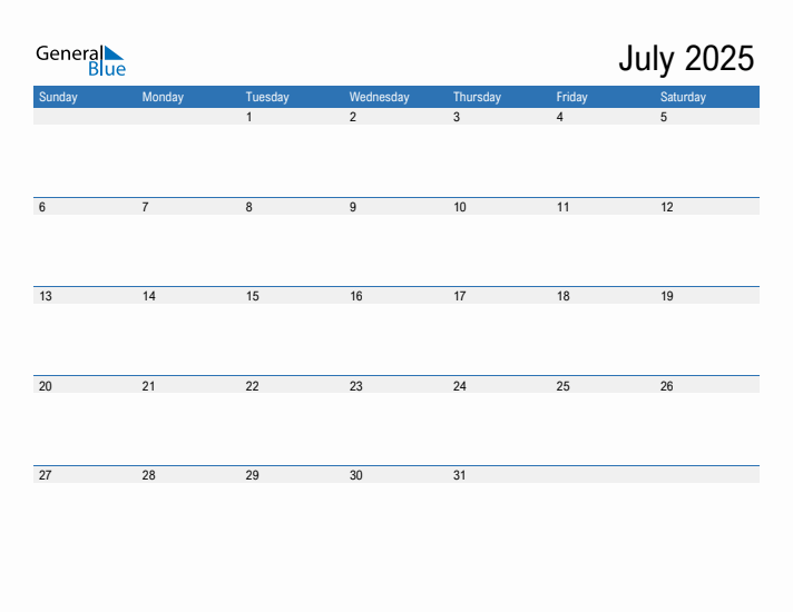 July Calendar 2025 Fillable
