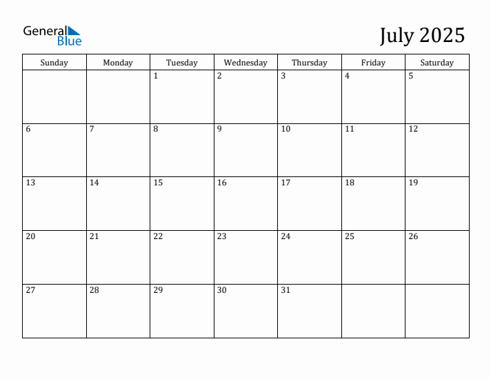 July 2025 Monthly Calendar PDF Word Excel 