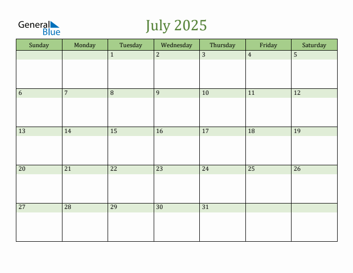 July 2025 Monthly Calendar PDF Word Excel 
