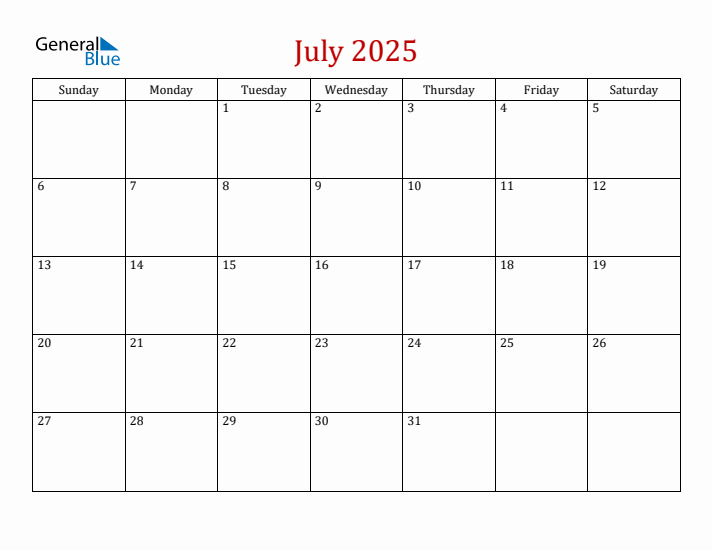 July 2025 Monthly Calendar PDF Word Excel 