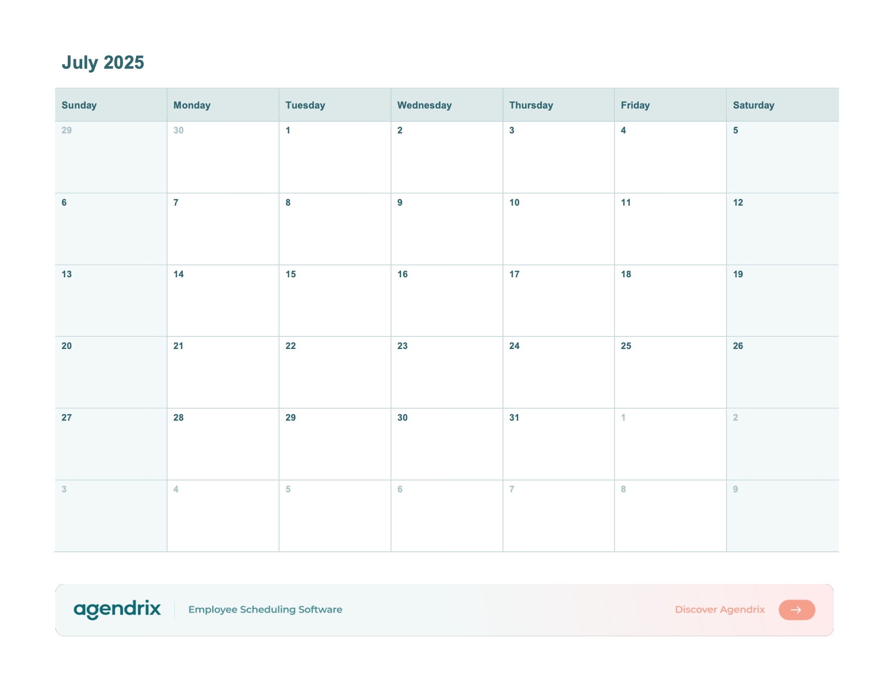 July 2025 Calendar Word