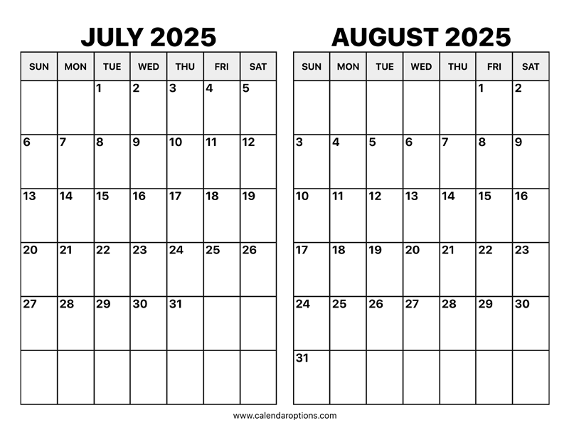 July And August 2025 Calendar Calendar Options