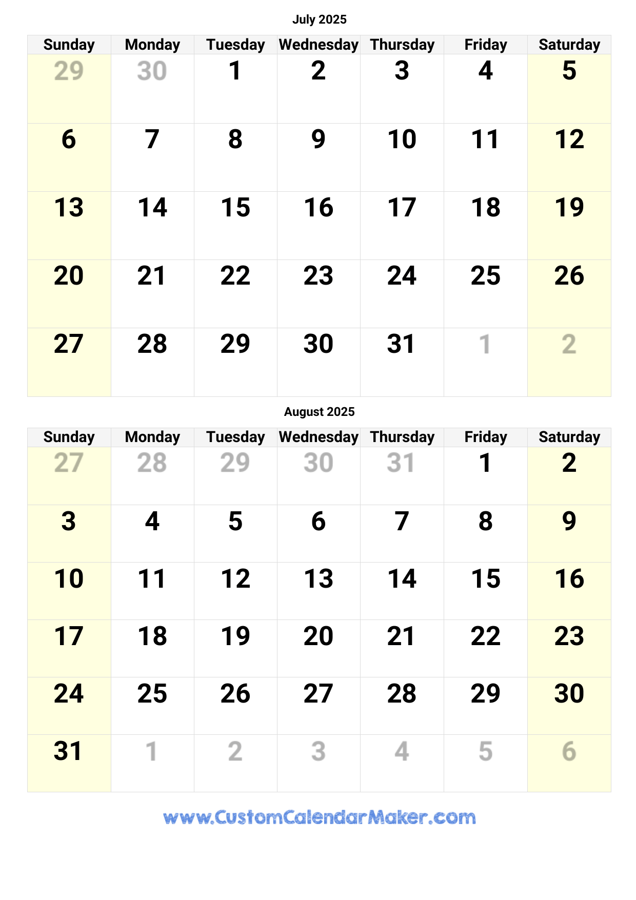 Calendar 2025 July And August