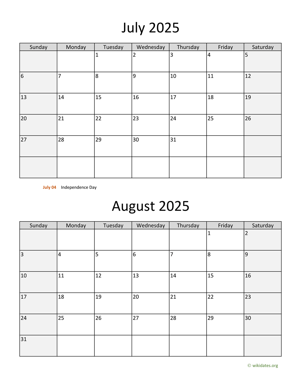 July August Month Calendar 2025