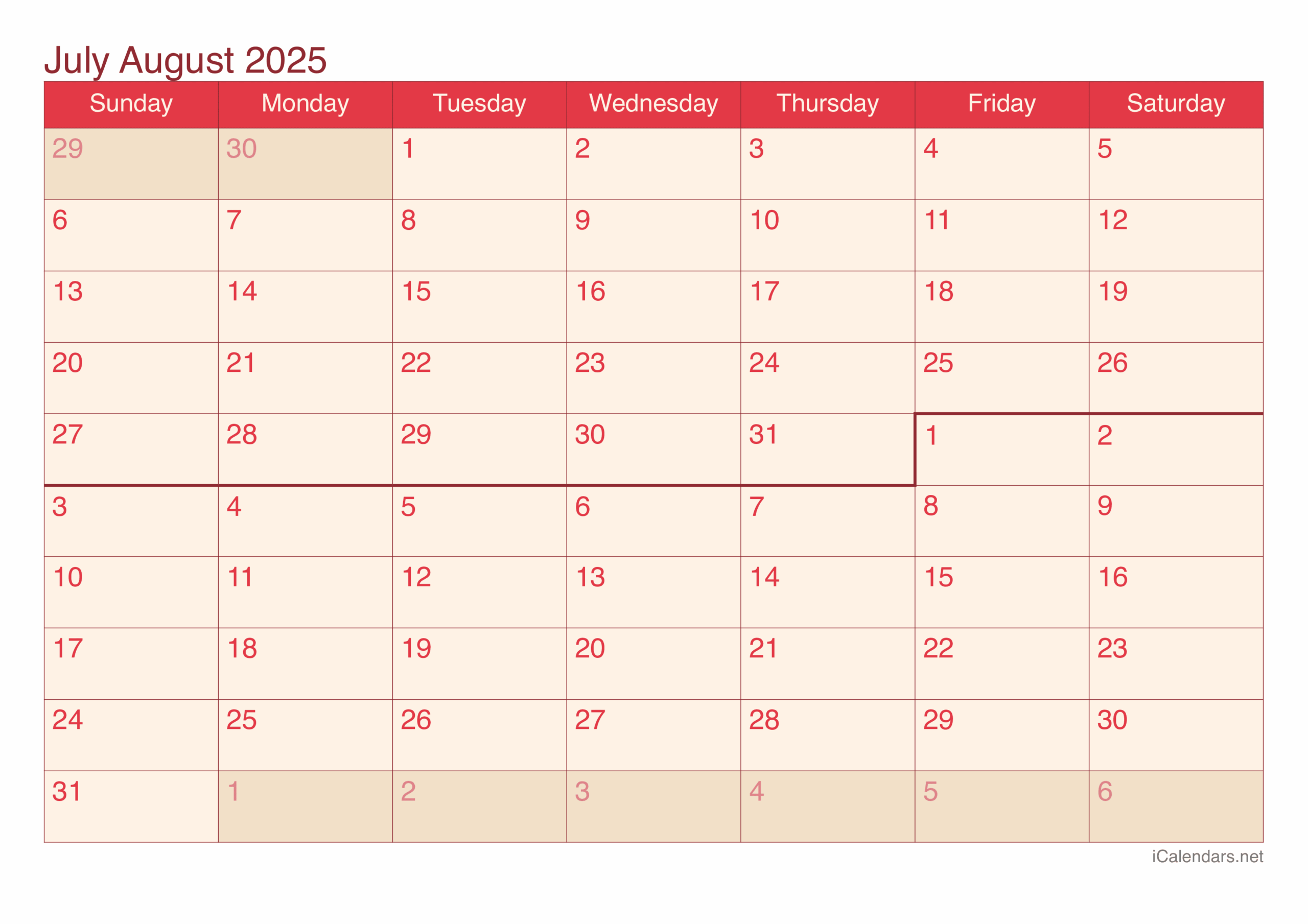 July And August 2025 Calendar 2