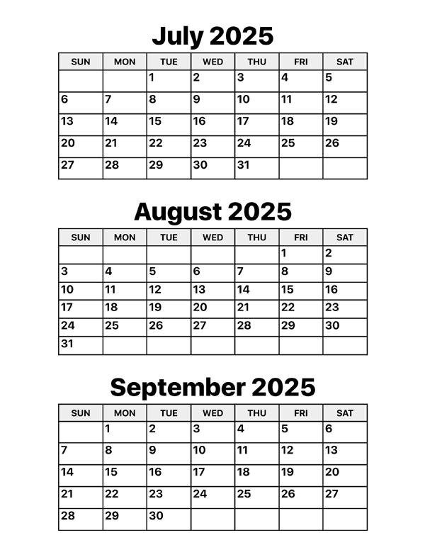 July August And September 2025 Calendar Calendar Options