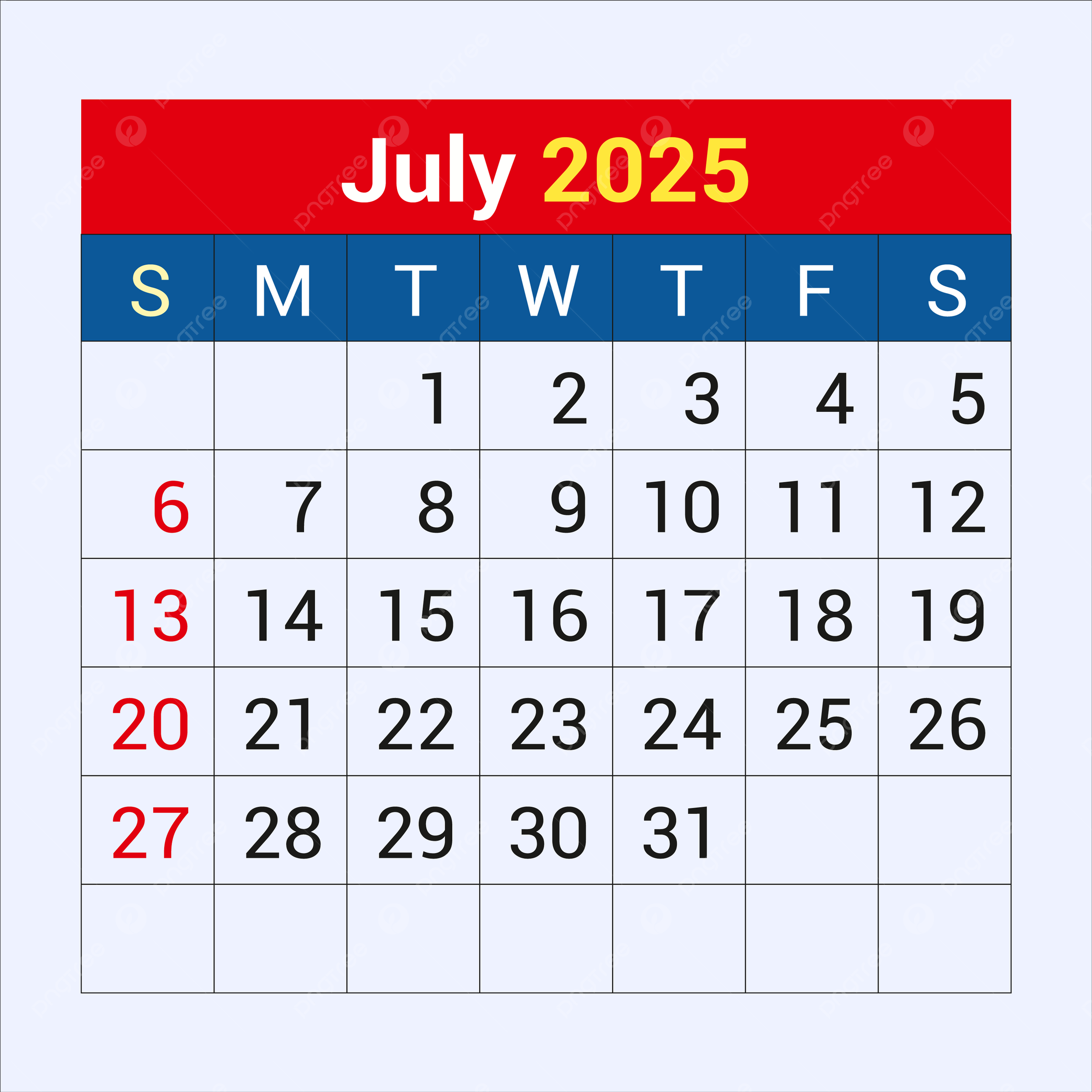 July Calendar 2025 Vector Template Download On Pngtree