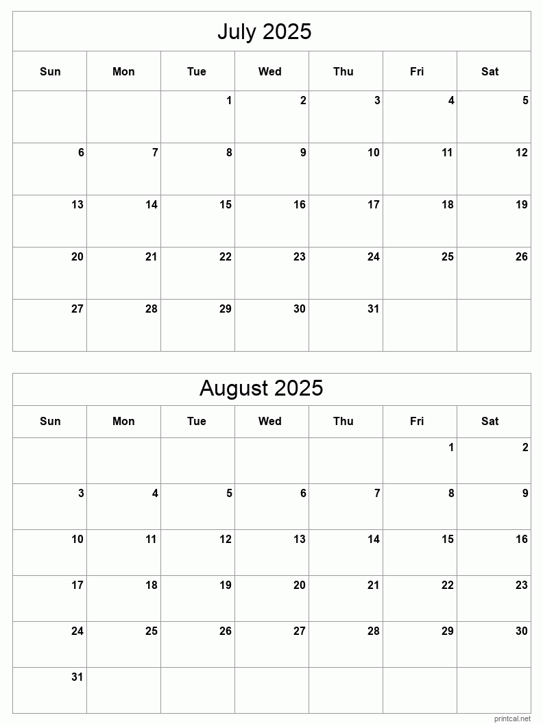 July To August 2025 Printable Calendar Two Months Per Page Printable Calendar