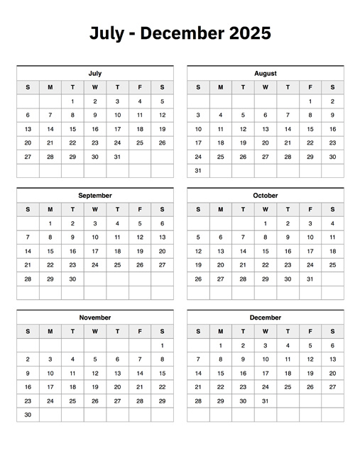 July To December 2025 Calendar A Printable Calendar