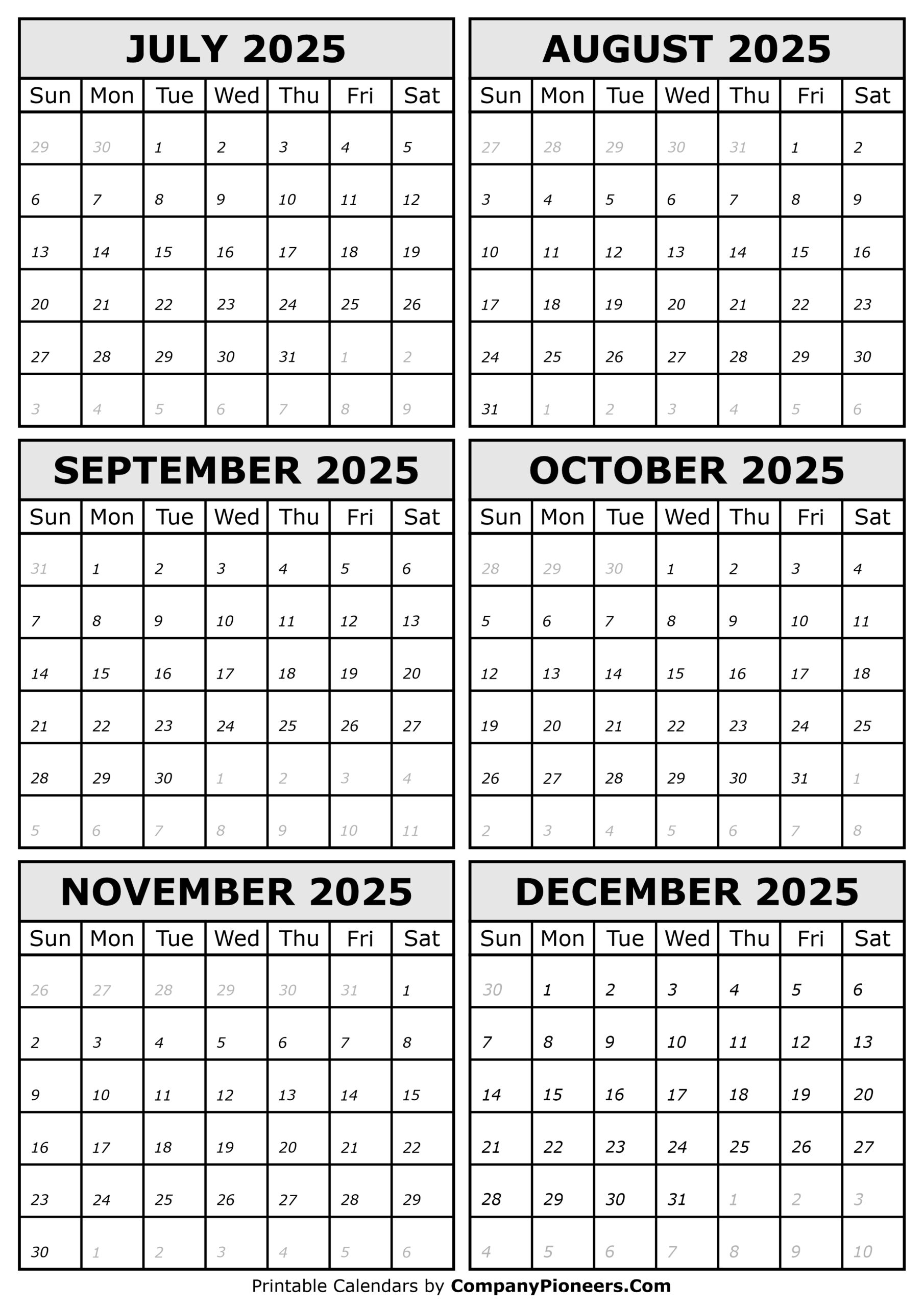 July To December 2025 Calendar Template