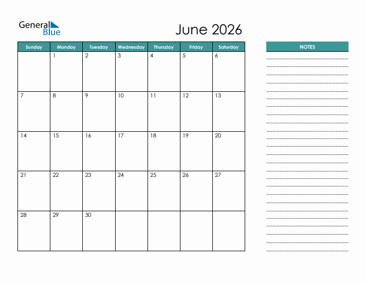 January To June 2026 Calendar Printable