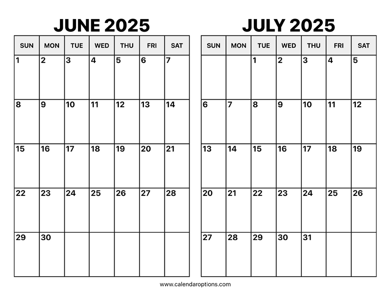June And July 2025 Calendar Calendar Options