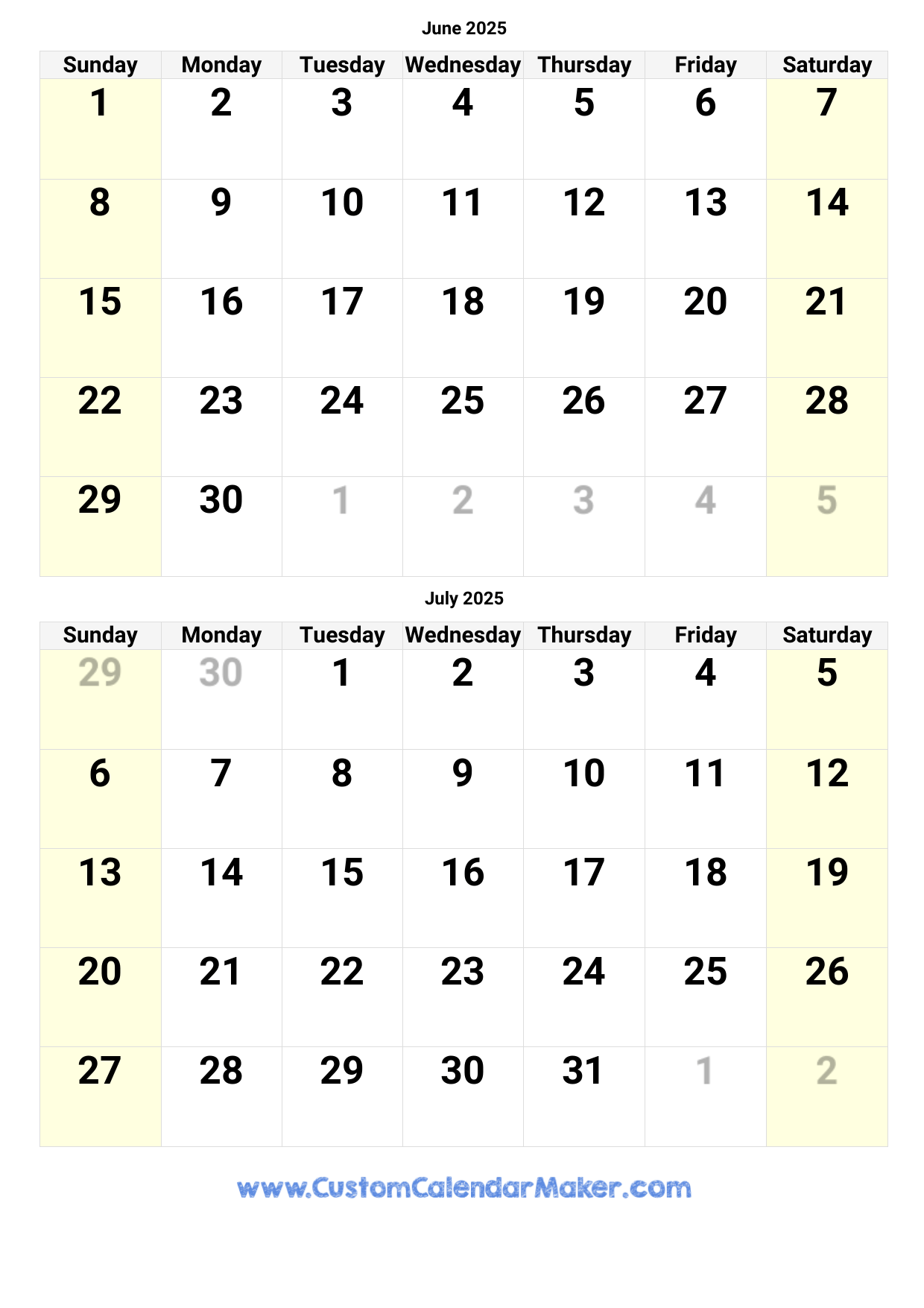 2025 Calendar June July