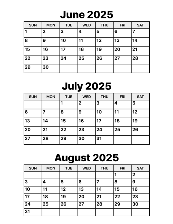 June July August 2025 Calendar Calendar Options