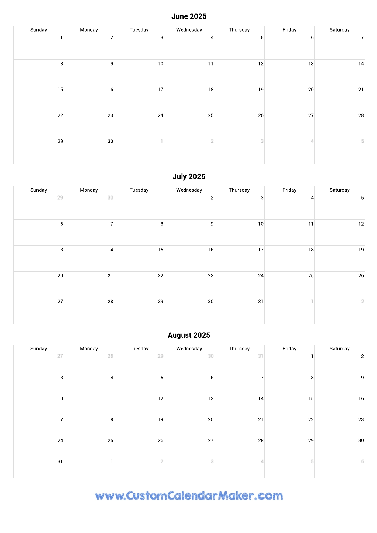Printable Calendar For June July August 2025