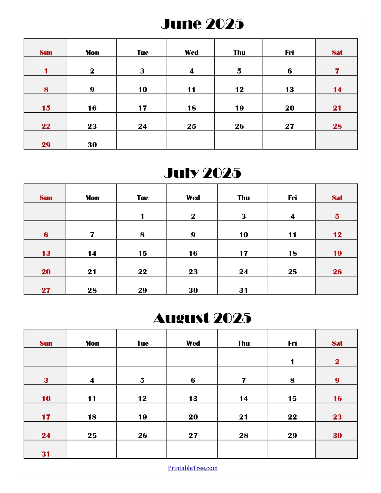Blank June July August 2025 Calendar