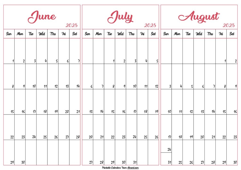 June To August Calendar 2025 Templates Three Months