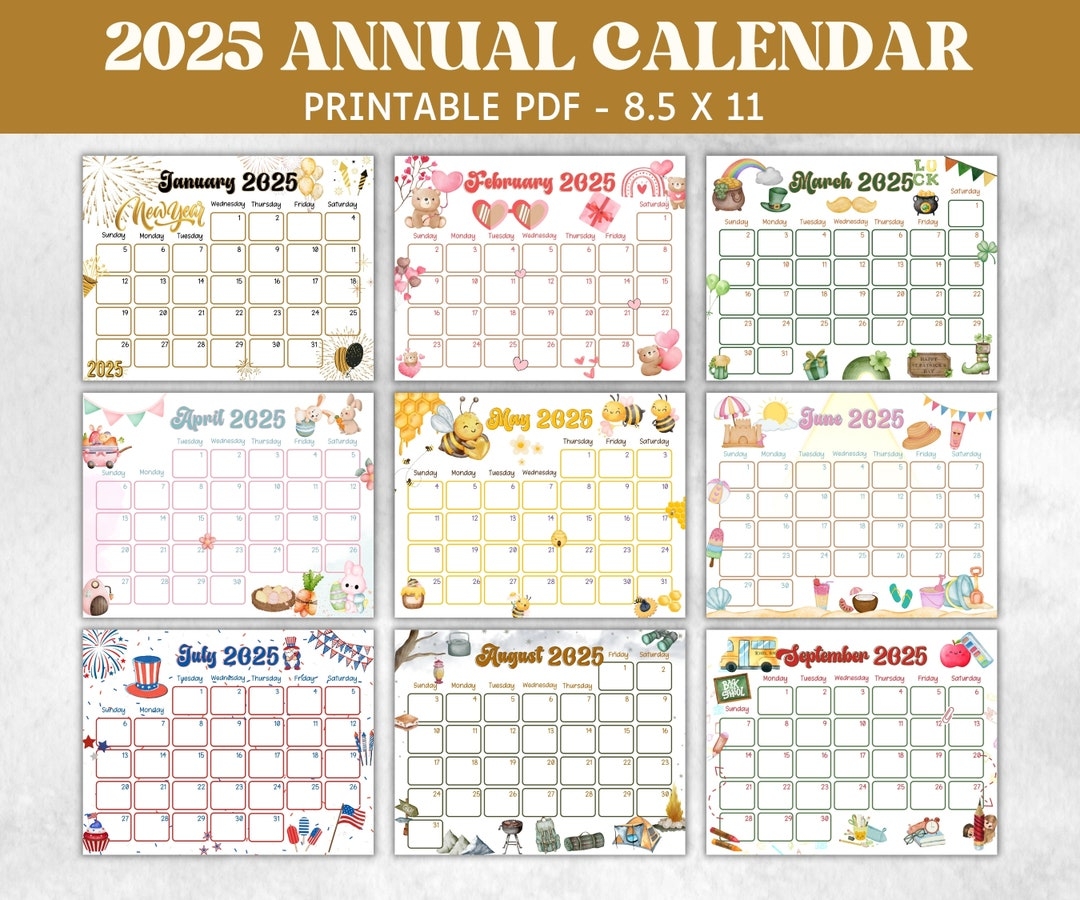 Kids Annual Monthly 2025 Calendar Printable 2025 Calendar 