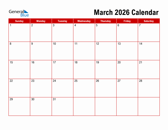 March 2026 Monthly Calendar PDF Word Excel 