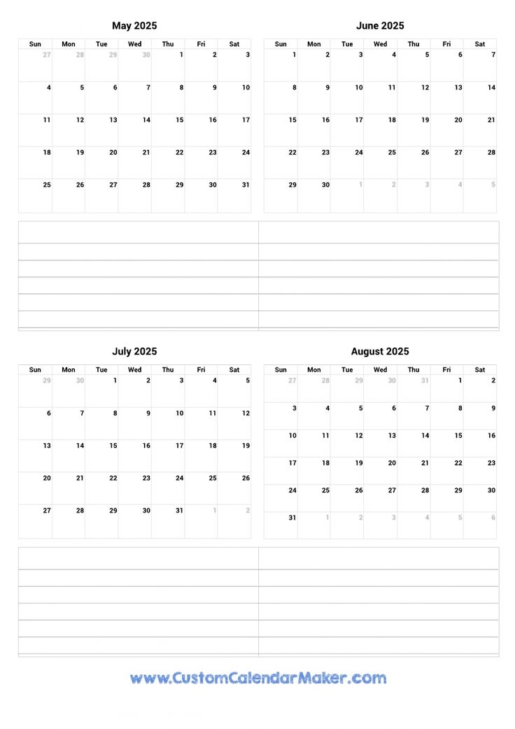 May June July August 2025 Calendar