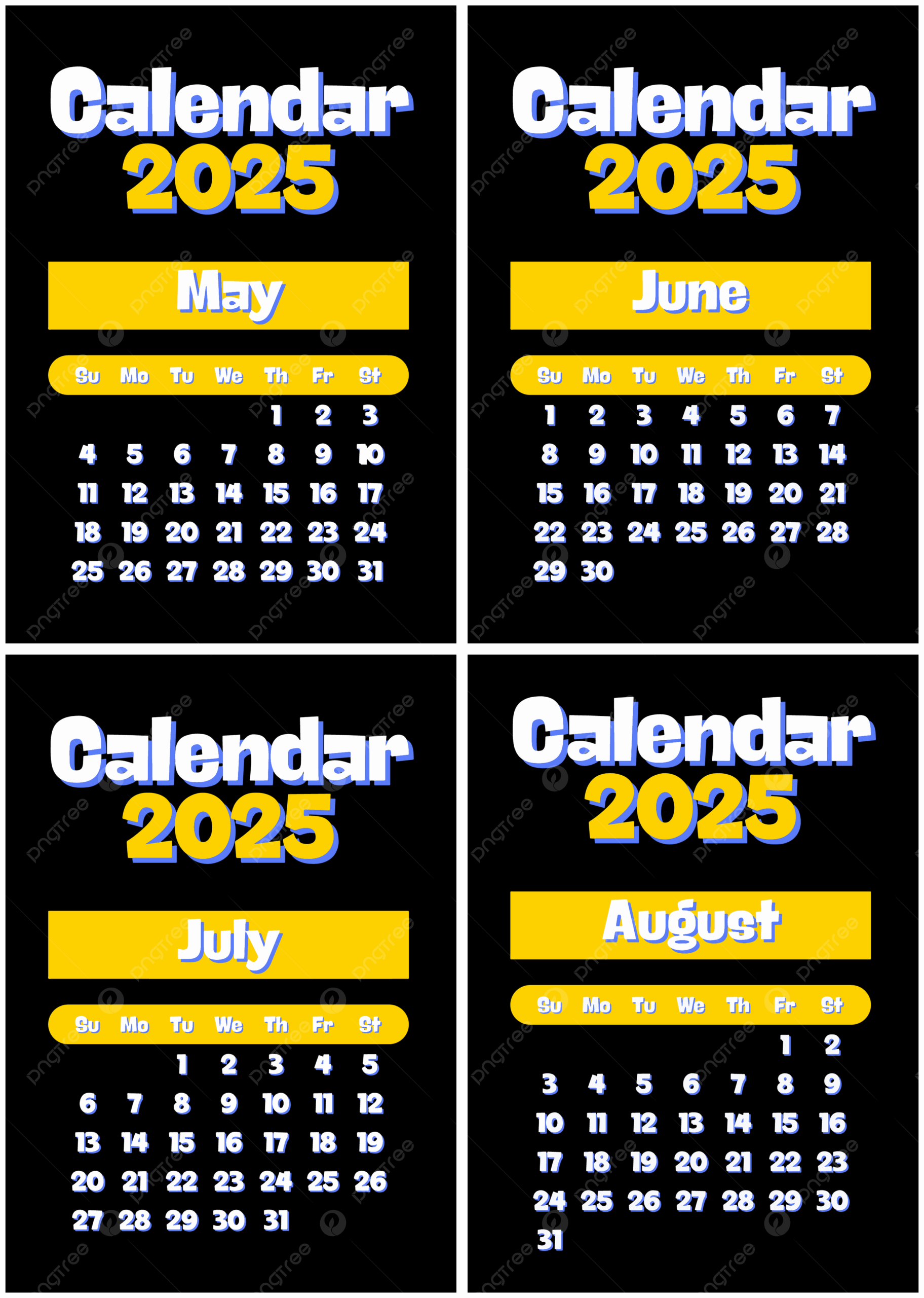May June July August Calendar 2025 Vector Template Download On Pngtree