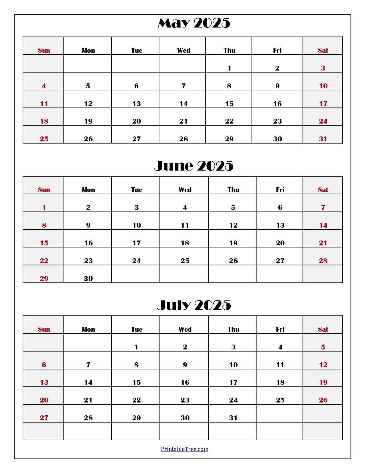 3 Month Calendar 2025 May June July